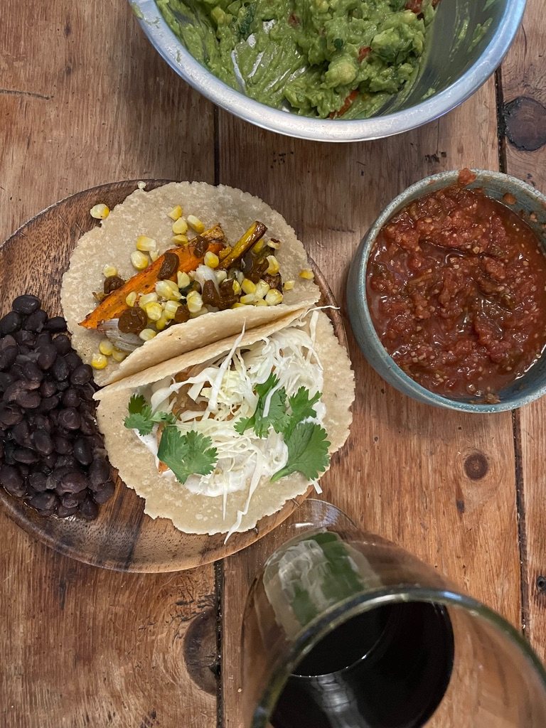 Tacos with black beans, salsa, and guacamole