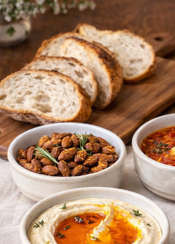 Assorted food items including bread, dips, and crackers on a wooden table with 'Loaf & Larder Monthly Box' branding.