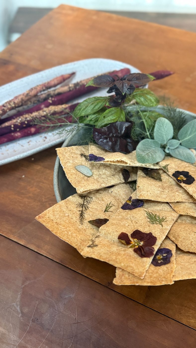 Sourdough crackers with purple basil and sage