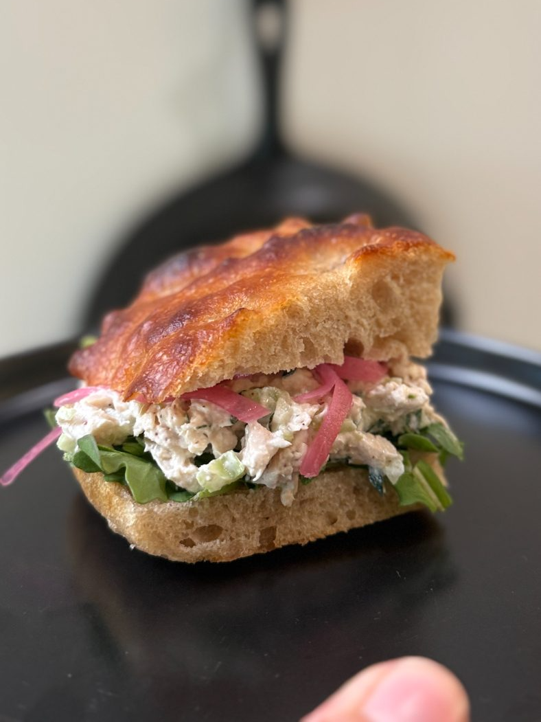 Chicken salad sandwich on focaccia